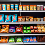 **Prompt:** A brightly lit convenience store shelf packed with various colorful snacks and candies. Focus on affordable, appealing packaging and the general feeling of accessible indulgence.