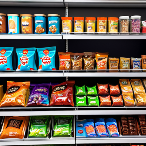 **Prompt:** A brightly lit convenience store shelf packed with various colorful snacks and candies. Focus on affordable, appealing packaging and the general feeling of accessible indulgence.