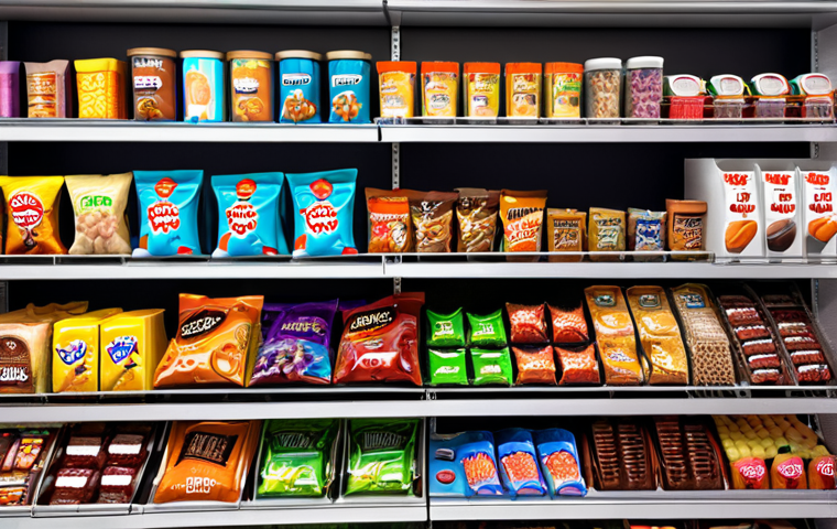 **Prompt:** A brightly lit convenience store shelf packed with various colorful snacks and candies. Focus on affordable, appealing packaging and the general feeling of accessible indulgence.